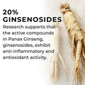 Panax Ginseng roots with text about ginsenosides and their health benefits on a light background