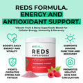 Supplement container labeled 'REDS Superfoods' with text highlighting energy, antioxidant support, and health benefits on a light green background.