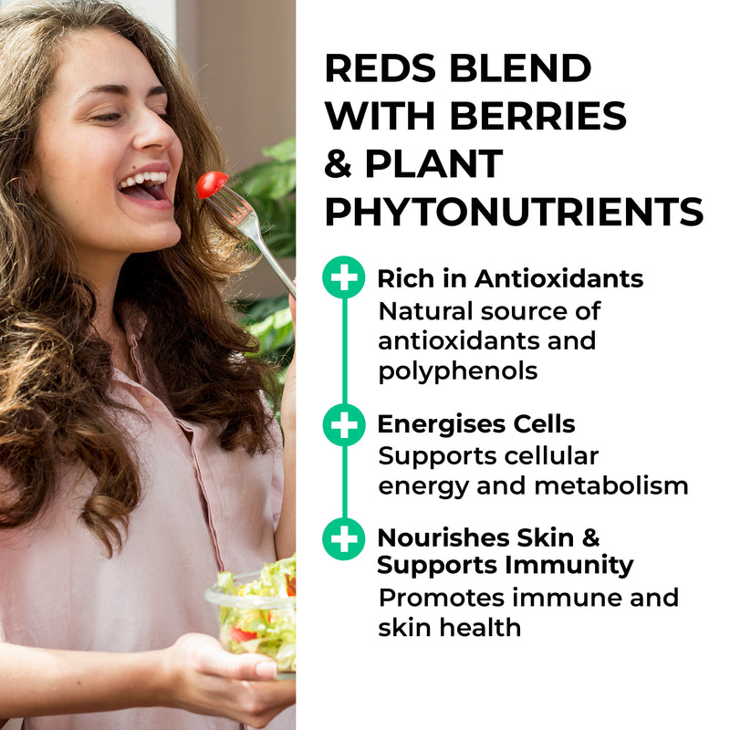 Reds powder  Woman eating a salad with text about the benefits of berries and plant phytonutrients.