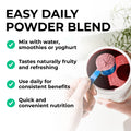 Reds powder  Red powder in a container with a scoop, labeled as an easy daily powder blend.