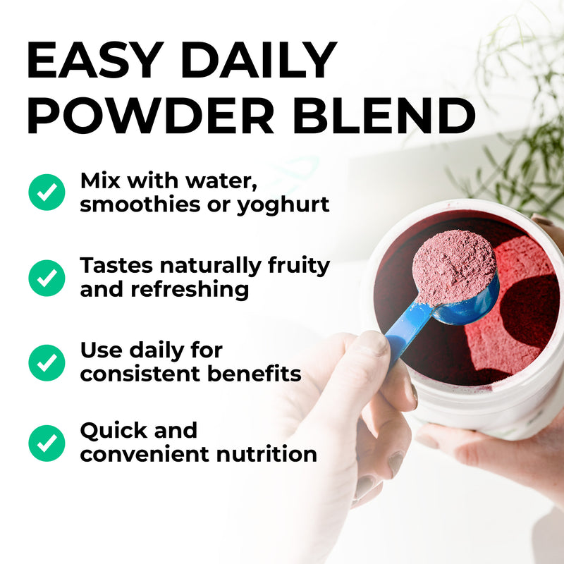 Reds powder  Red powder in a container with a scoop, labeled as an easy daily powder blend.