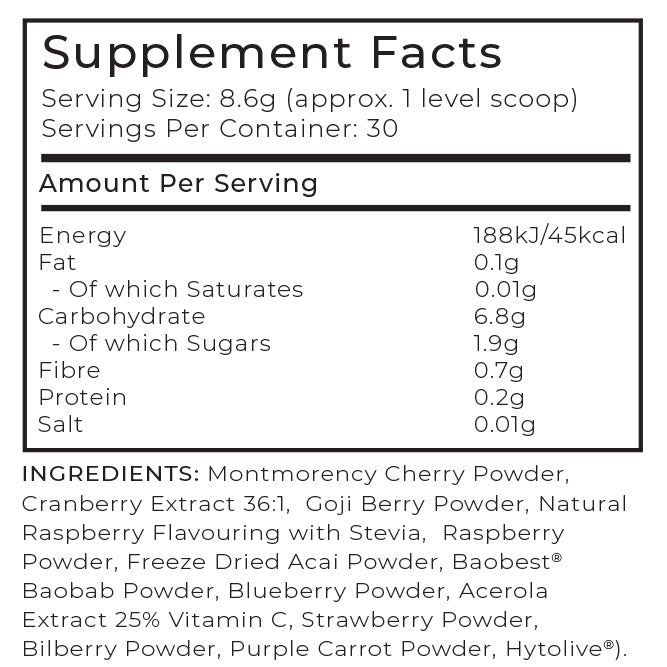 Reds Supplement facts label with nutritional information and ingredients listed.