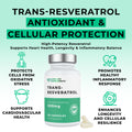 Trans-Resveratrol supplement bottle with health benefits on a light green background