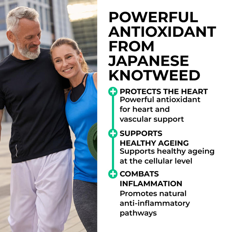 Two people in athletic wear with text about a powerful antioxidant from Japanese knotweed.