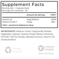 Supplement facts label with vitamins D3 and K2, ingredients, and branding.