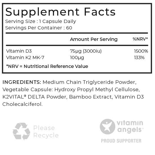 Supplement facts label with vitamins D3 and K2, ingredients, and branding.