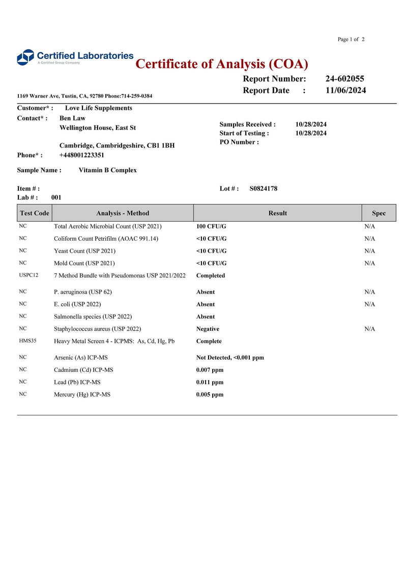 Certificate of Analysis (COA) for Vitamin B Complex from Certified Laboratories