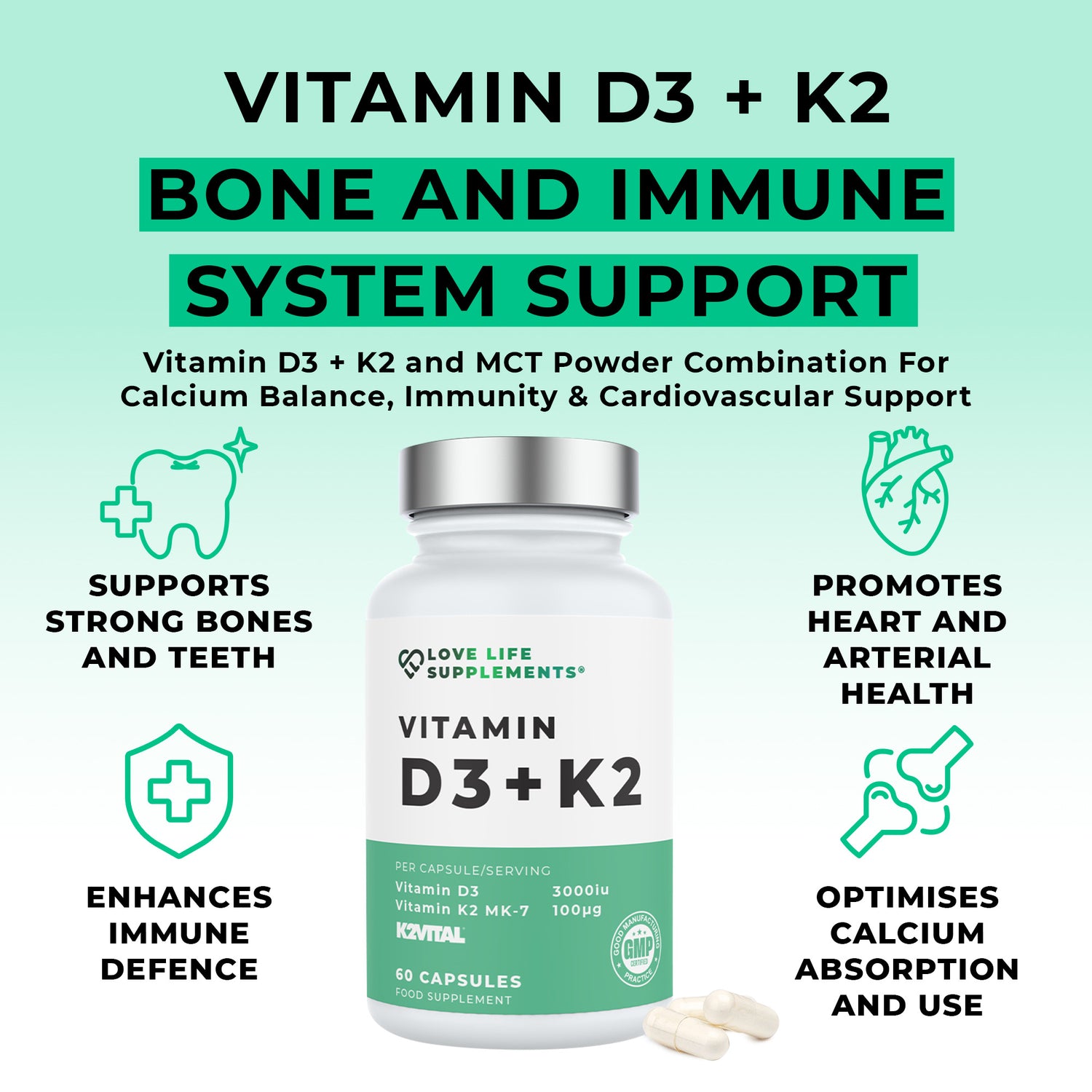 Vitamin D3 K2 With MCT Powder | Superior Absorption Formula With K2VITAL MK- 7 | 60 Capsules | 3000iu D3 100mcg K2 | Love Life Supplements UK | Buy Now With Express International Delivery