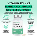 Vitamin D3 + K2 supplement bottle with benefits listed on a light green background