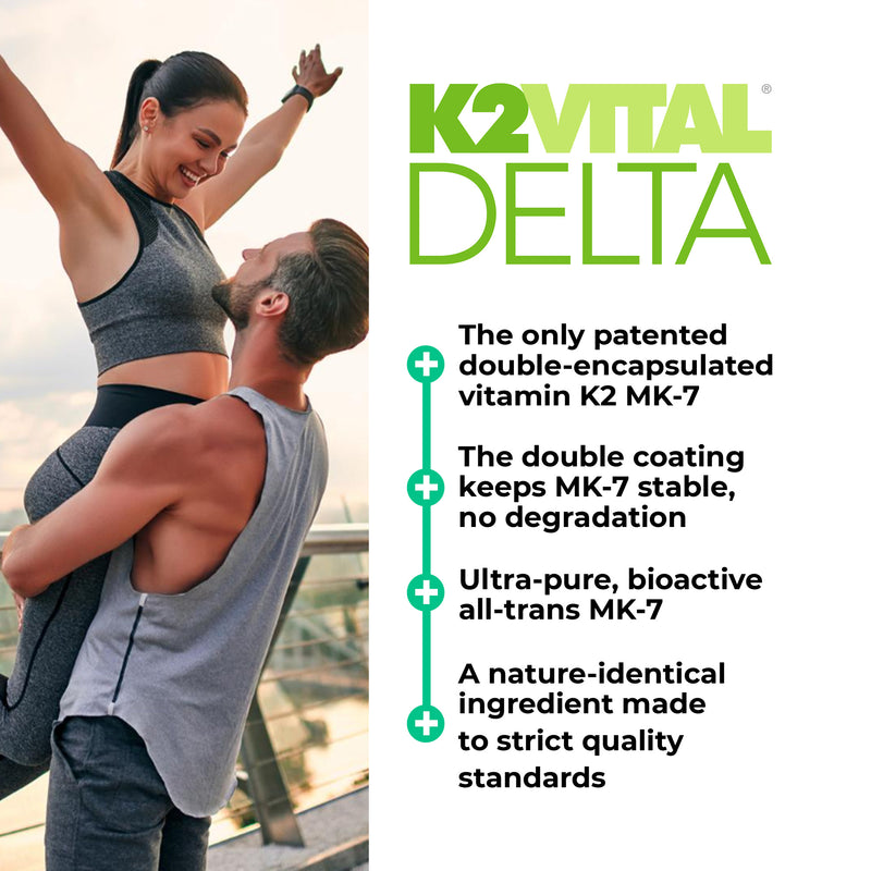 Advertisement for K2Vital Delta with a couple in athletic wear on a blurred background