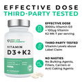 Supplement bottle labeled 'Vitamin D3 + K2' with product details on a white background