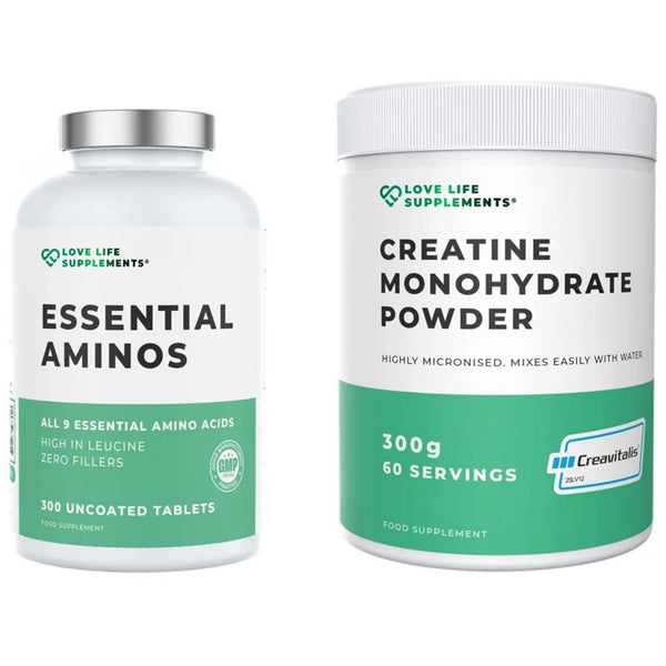 Two supplement containers labeled 'Essential Aminos' and 'Creatine Monohydrate Powder' from Love Life Supplements on a white background.