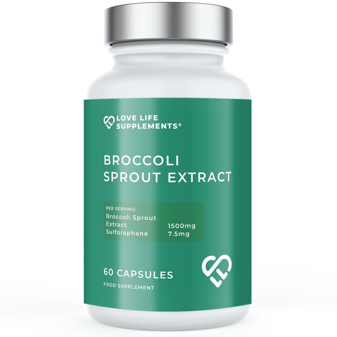 Bottle of broccoli sprout extract supplement with visible branding on a white background