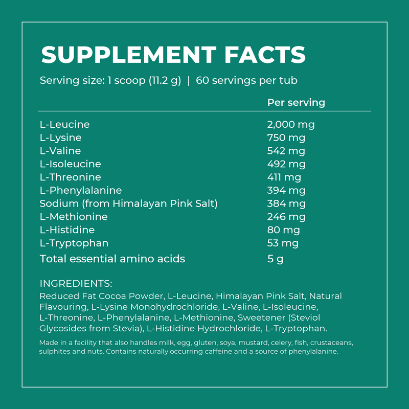 Essential Amino Acids Chocolate Salt supplement facts per 11.2g scoop: L-Leucine 2,000mg, L-Lysine 750mg, L-Valine 542mg, L-Isoleucine 492mg, L-Threonine 411mg, L-Phenylalanine 394mg, sodium 384mg from Himalayan Pink Salt, with full ingredients list