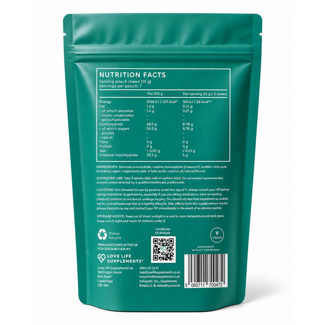 Creatine Chews 35 Tablets - Nutrition Facts and Ingredients - Back of Pack