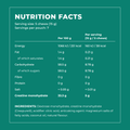 Creapure Creatine Chews 35-tablet travel pouch nutrition facts per 100g and per 5-chew (15g) serving, 7 servings per pouch, with full ingredients list