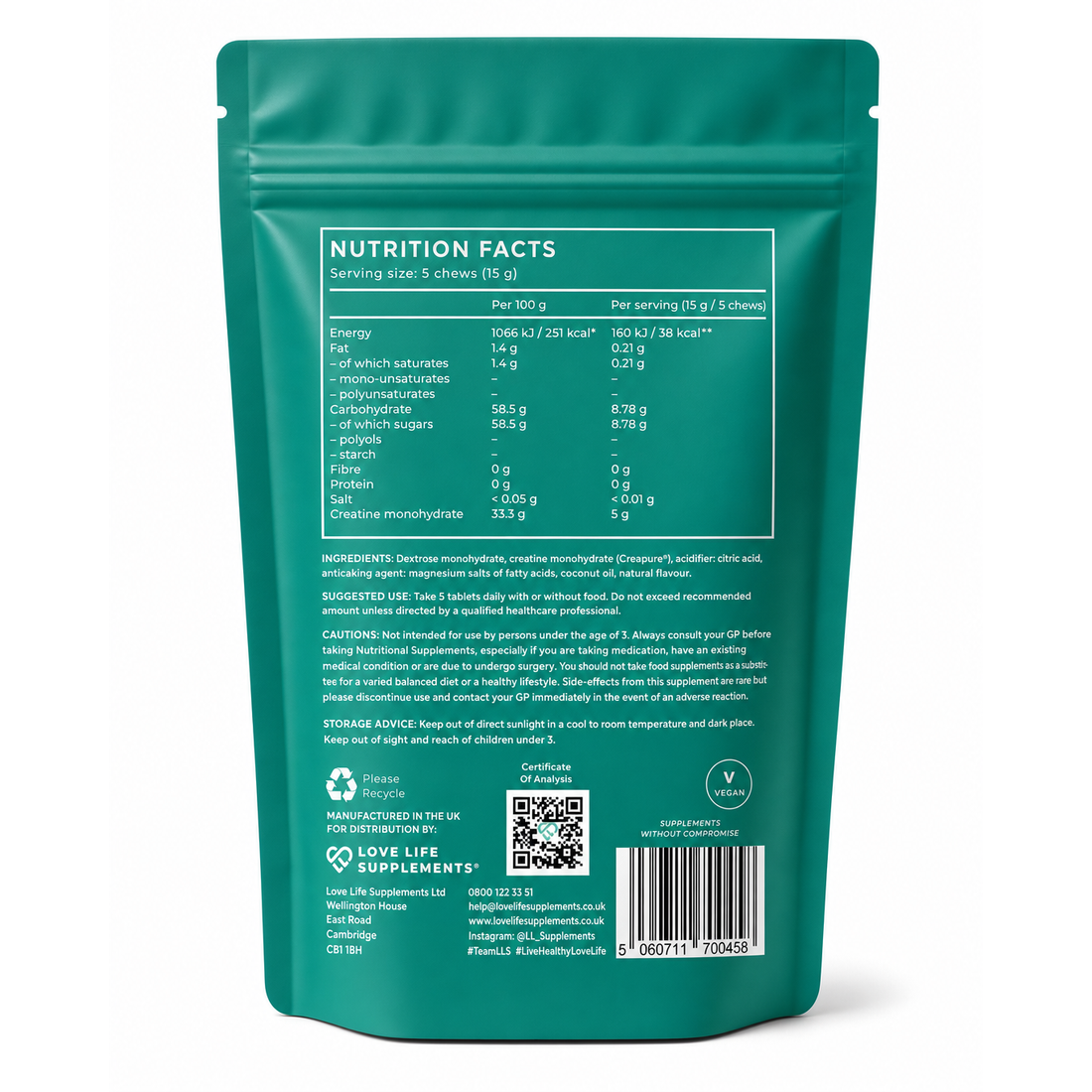 Creatine Chews - Nutrition Facts and Ingredients - Back of Pack