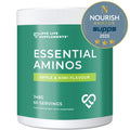Supplement container labeled 'Essential Aminos' with 'Love Life Supplements' branding and Nourish Awards badge.