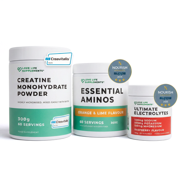 Three supplement containers labeled 'Creatine Monohydrate Powder', 'Essential Aminos', and 'Ultimate Electrolytes' on a white background.