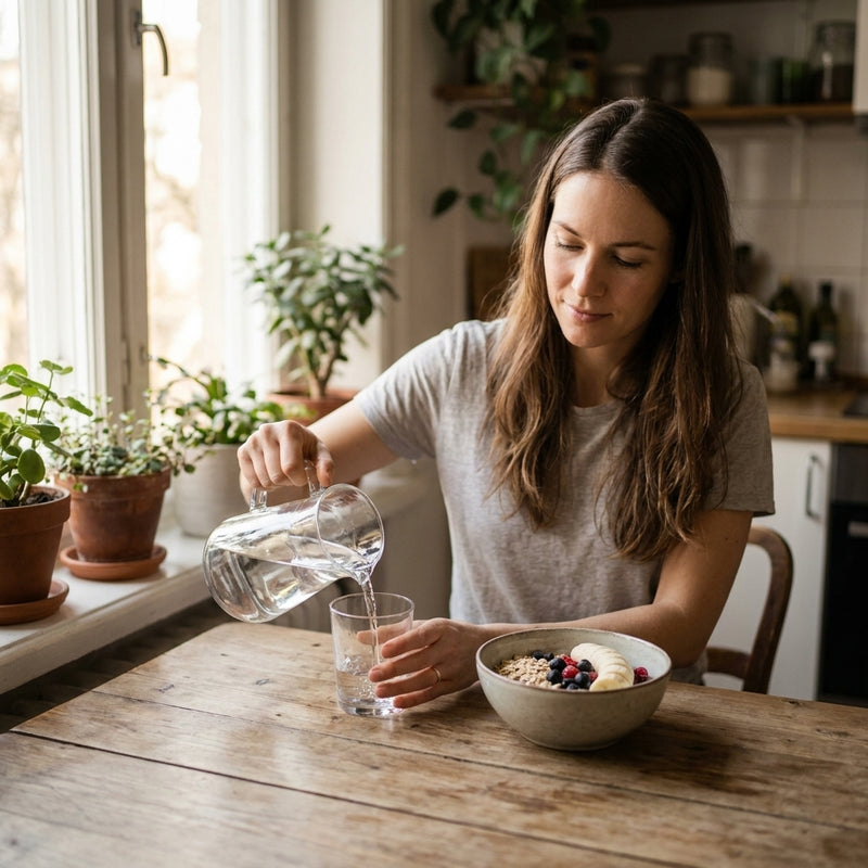 Woman pouring a glass of water beside a healthy breakfast in a bright kitchen