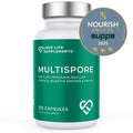 Multispore probiotics supplement bottle with 'Nourish Awards Supps' badge on a white background