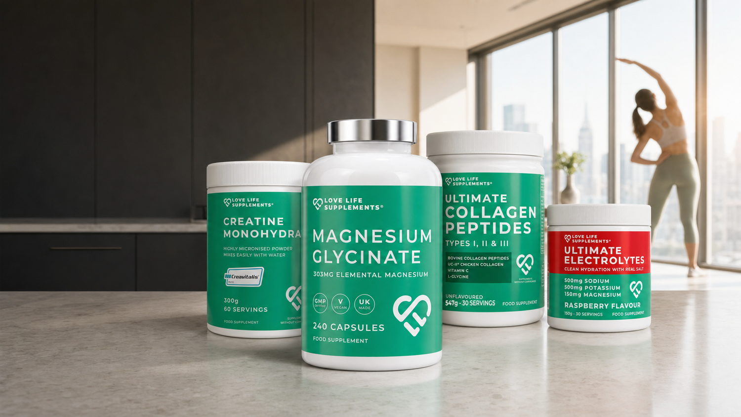 LLS hero candidate E: four hero products, bright morning kitchen, athlete stretching