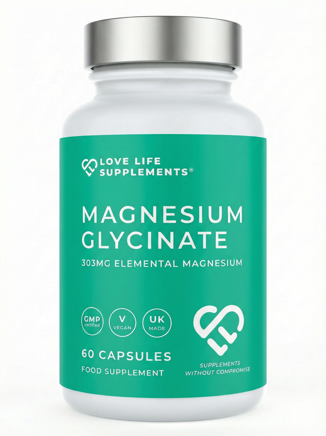 Love Life Supplements Magnesium Glycinate 60 Capsules supplement tub on a white background