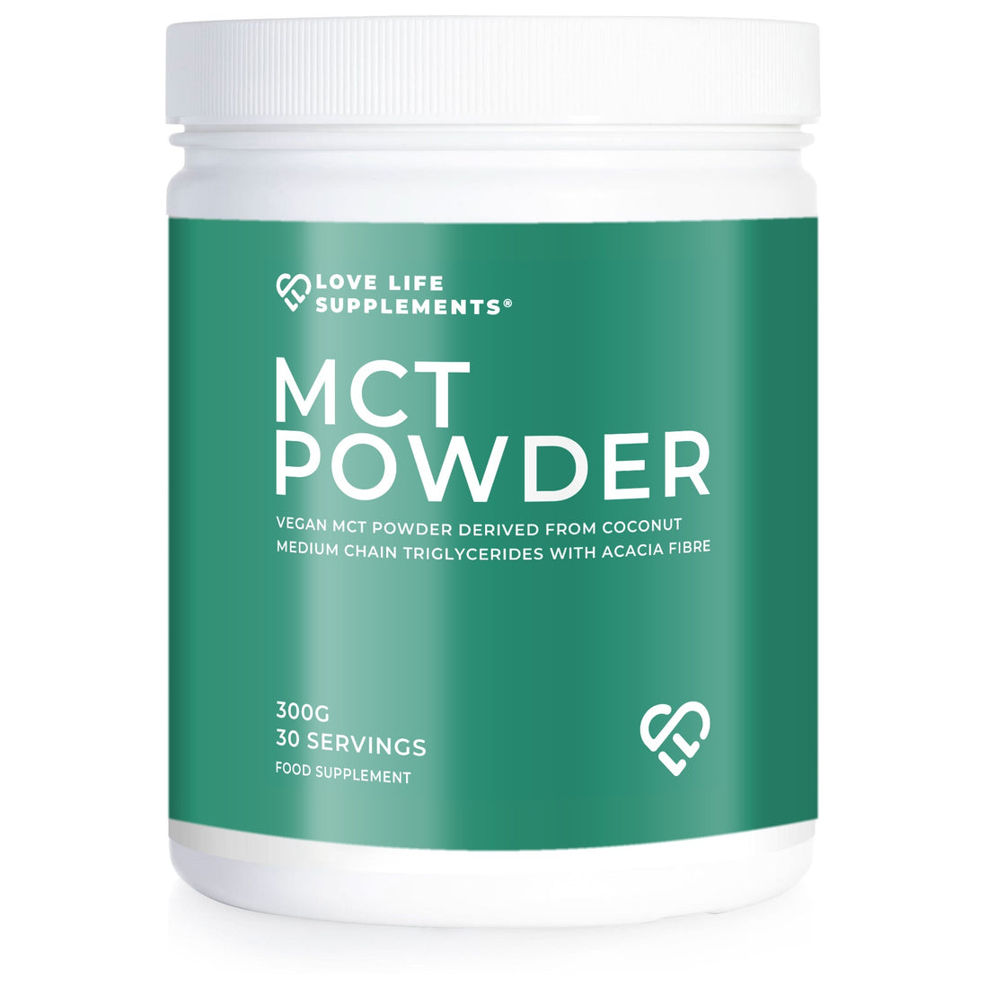 Container of MCT powder with Love Life Supplements branding on a white background