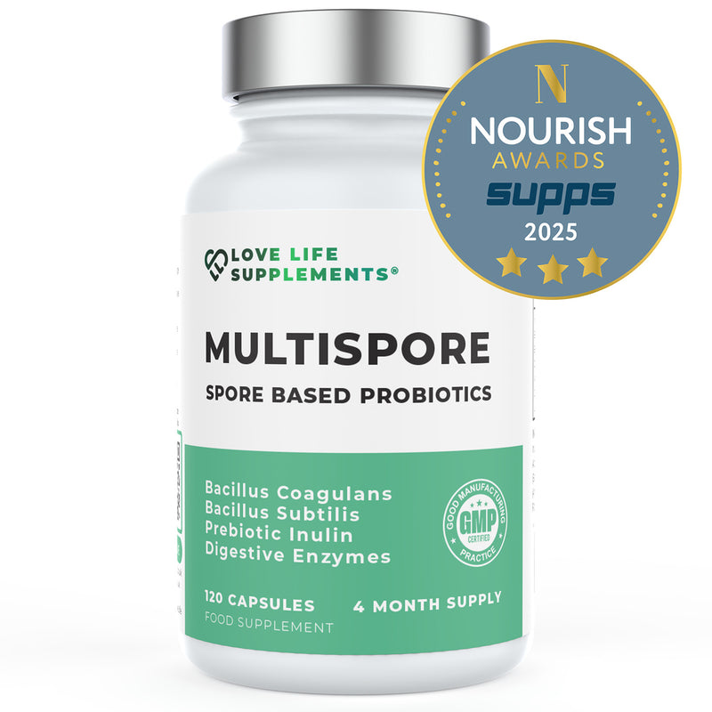Multispore probiotics supplement bottle with 'Nourish Awards Supps' badge on a white background