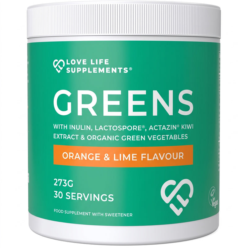 Container of Love Life Supplements Organic Greens powder on a white background