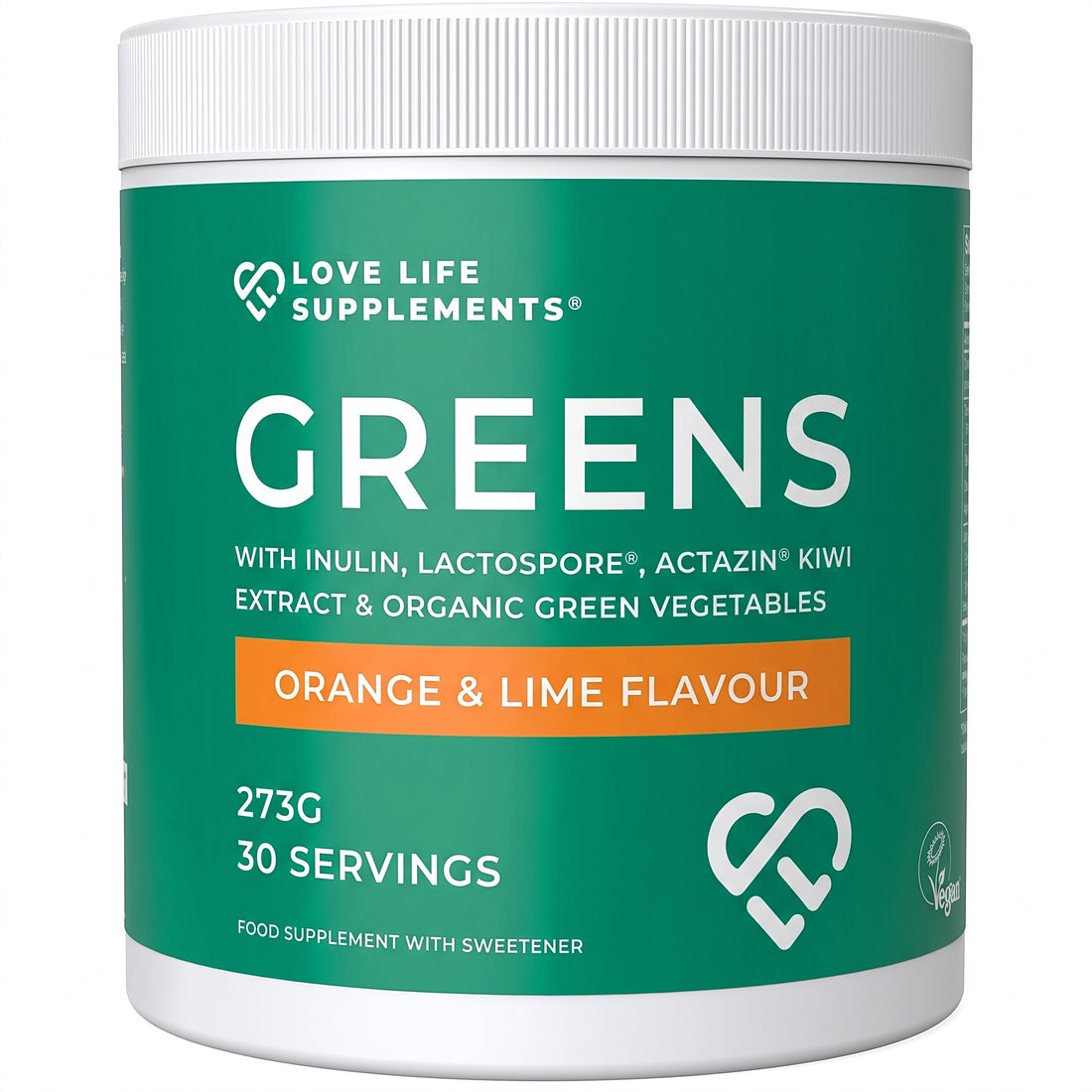 Container of Love Life Supplements Organic Greens powder on a white background