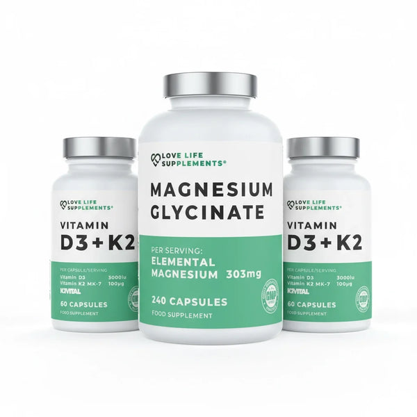 magnesium glycinate  vitamin D3 Three supplement bottles from Love Life Supplements on a white background