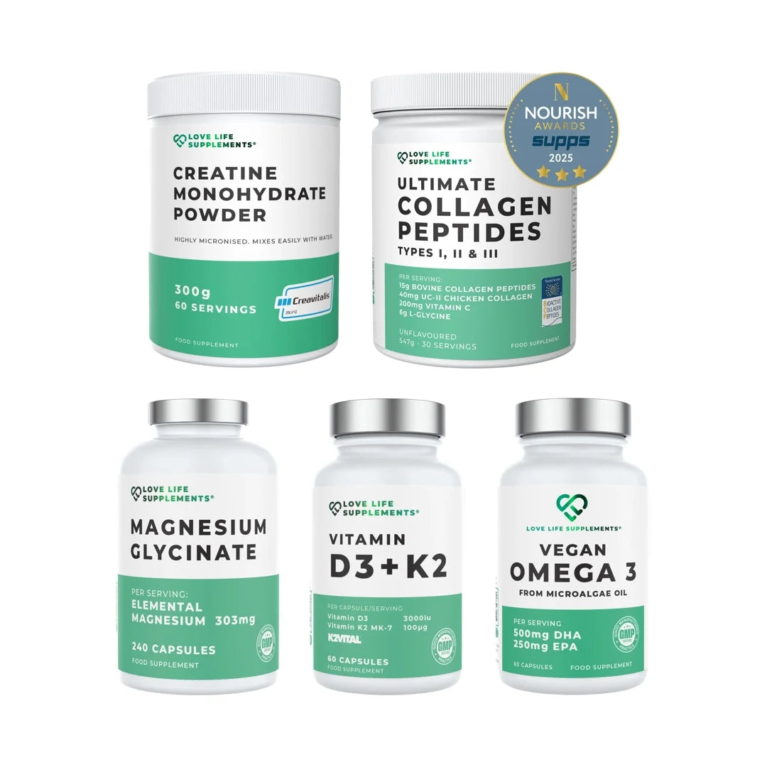 Collection of supplement bottles including Creatine Monohydrate Powder, Ultimate Collagen Peptides, Magnesium Glycinate, Vitamin D3+K2, and Vegan Omega 3 on a white background.