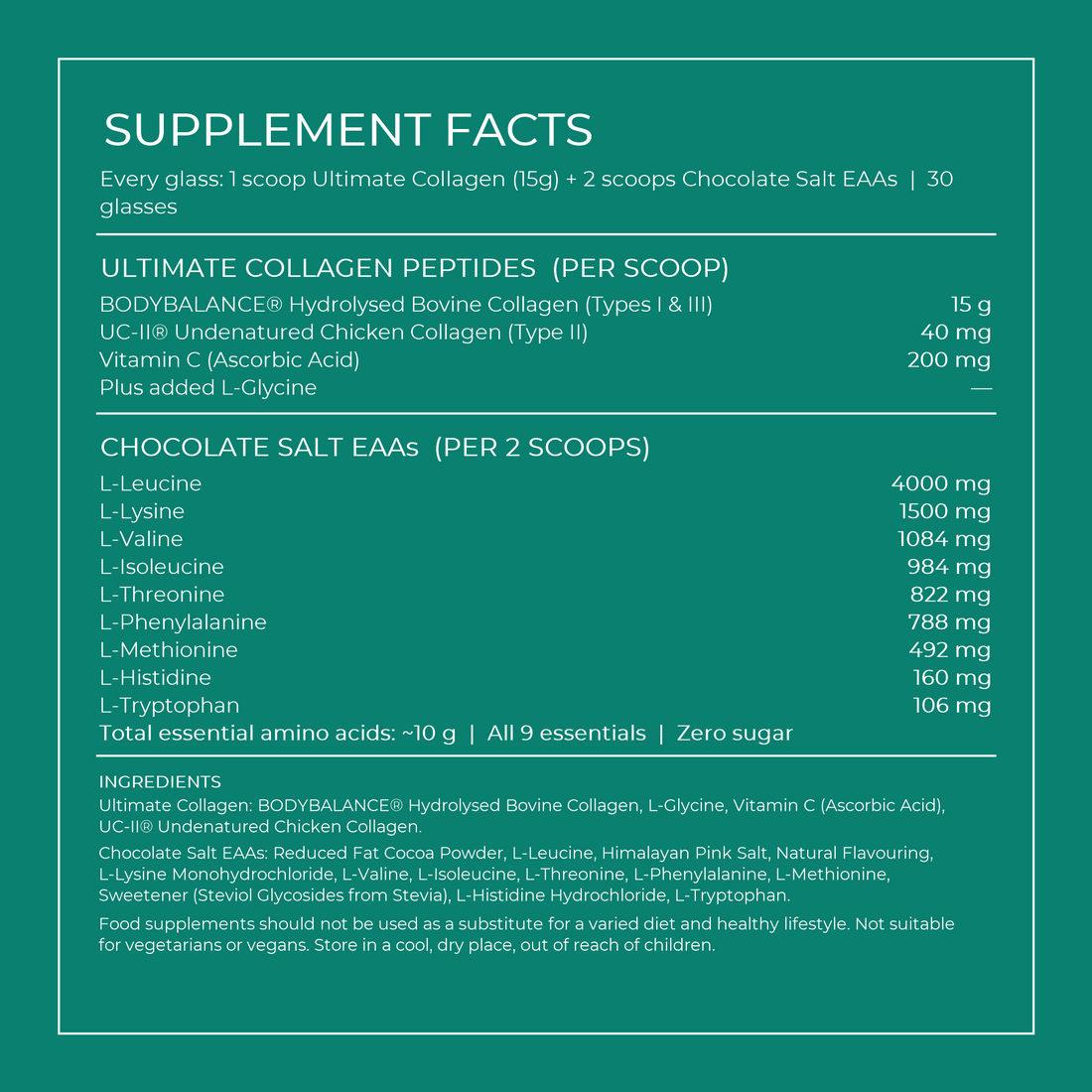 The Protein Glass supplement facts: collagen and chocolate EAAs