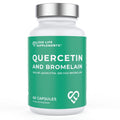 Supplement bottle labeled 'Quercetin and Bromelain' by Love Life Supplements on a white background.