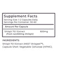 Supplement facts label for a Shilajit product on a white background