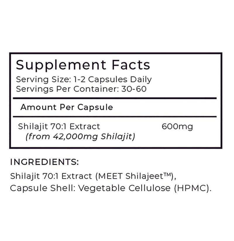 Supplement facts label for a Shilajit product on a white background