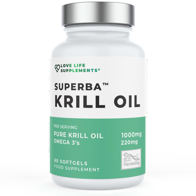 Supplement bottle labeled 'Superba Krill Oil' by Love Life Supplements on a white background