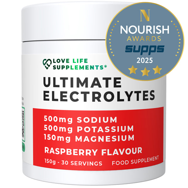 Supplement container labeled 'Ultimate Electrolytes' with Love Life Supplements branding and Nourish Awards badge.