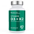 Supplement bottle labeled 'Vitamin D3 + K2' by Love Life Supplements on a white background