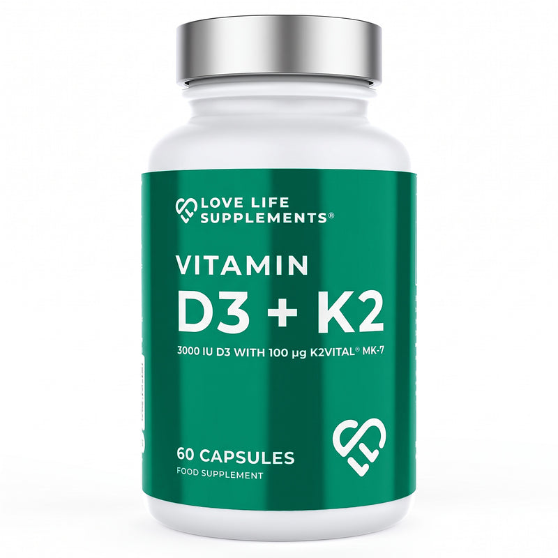 Supplement bottle labeled 'Vitamin D3 + K2' by Love Life Supplements on a white background